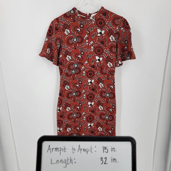 A.L.C. Dress Womens 0 Orange Black White Floral Silk Short Sleeve Mini Zip Back - Picture 10 of 11